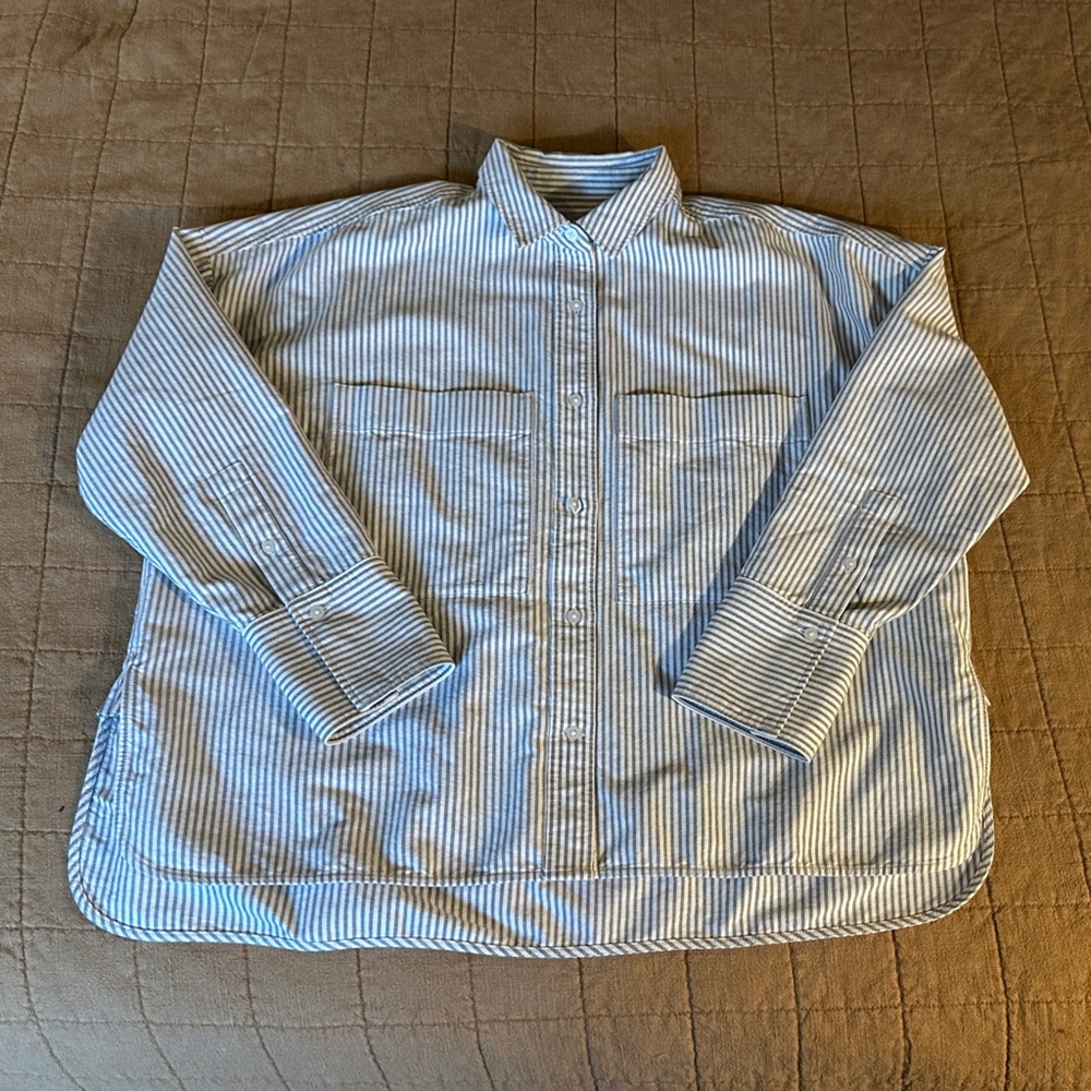Everlane Navy and White Boxy Oxford Striped Shirt